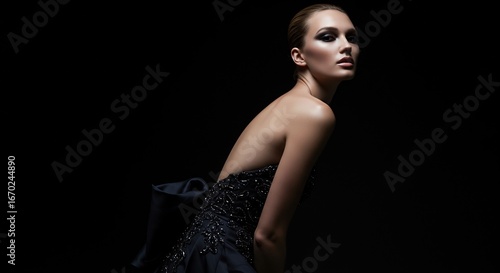 Woman in a jeweled dress poses with dramatic lighting