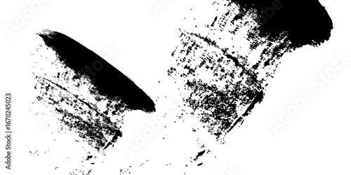 
Minimalist black-and-white abstract stroke, with dense ink coverage on one side transitioning into fragmented textures and scattered specks as it moves outward. The artwork symbolizes fading, erosion