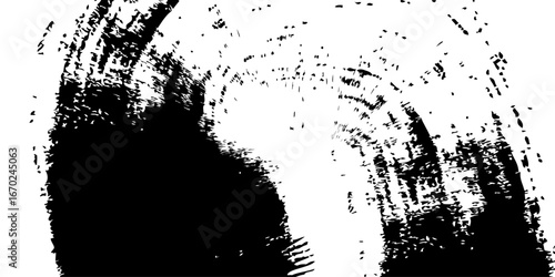 
Minimalist black-and-white abstract stroke, with dense ink coverage on one side transitioning into fragmented textures and scattered specks as it moves outward. The artwork symbolizes fading, erosion