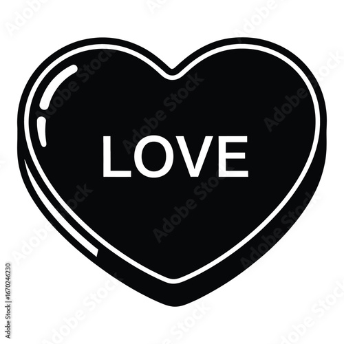 Black heart candy with white word love isolated on white background sweet