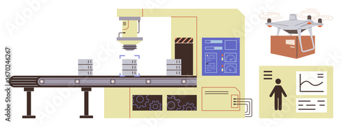 Robotic arm stacking boxes on conveyor belt, control panel monitoring operations, drone carrying package, and digital data analytics. Ideal for technology, innovation, supply chain, automation
