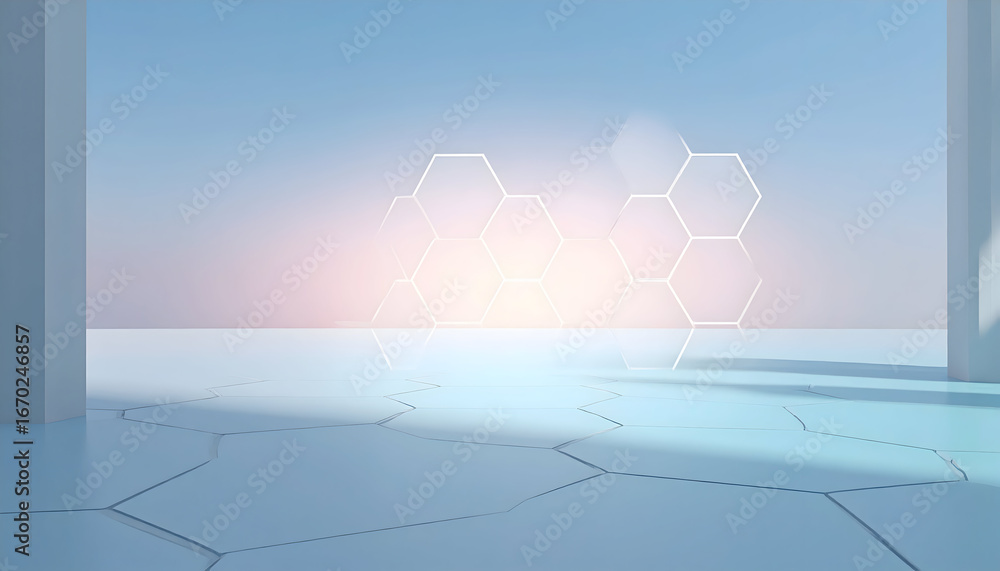 Obraz premium Abstract Hexagon Molecular Structure in a Modern Blue and White Interior Space
