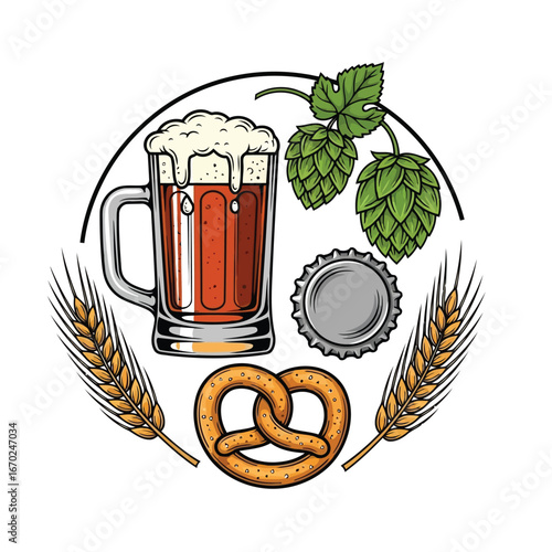 Craft Beer Mug, Hops, Wheat, and Pretzel Illustration