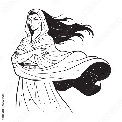 Celestial Goddess Nyx Line Art – Nyx Vector Illustration Smooth Minimal Drawing – Nyx Drawing – Line Art Drawing of Nyx – Nyx Icon – Greek Goddess Vector