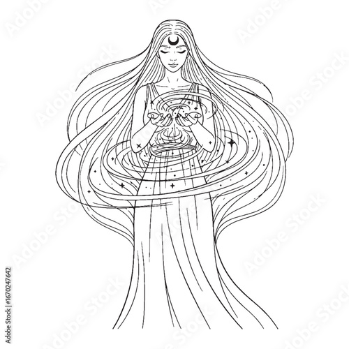 Ancient Nyx Line Art – Nyx Vector Illustration Artistic Celestial Drawing – Nyx Drawing – Line Art Drawing of Nyx – Nyx Icon – Greek Goddess Vector