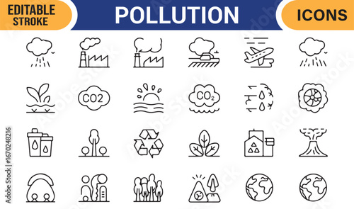 Pollution icons pack with editable stroke showing earth damage and waste elements