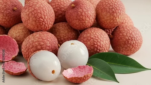 Fresh lychees with peeled fruit and green leaves