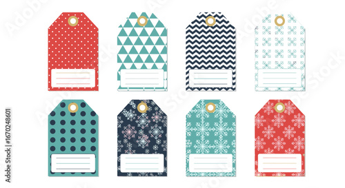 Festive holiday gift tags for presents and crafts with modern geometric and snowflake patterns