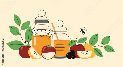 Fresh honey jars with apples and pears create a rustic, healthy kitchen vibe for organic food products
