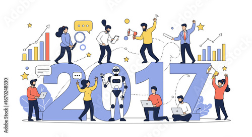Dynamic team celebrating 2017 business achievements with robot, graphs, and confident communication