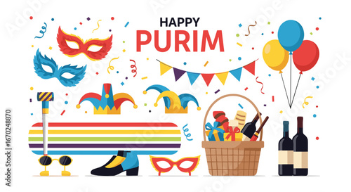 Festive Happy Purim celebration with masks, gifts, wine, and colorful decorations for joyful events