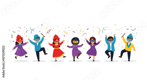 Kids joyfully celebrate carnival wearing masks and costumes with confetti falling all around them