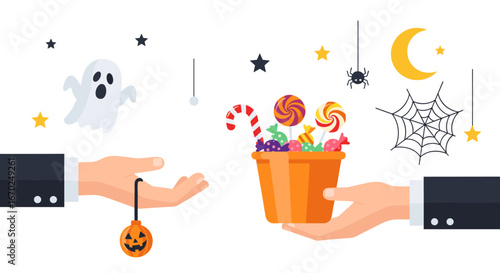 Happy Halloween trick or treat invitation with candy bucket and spooky ghost for cheerful holiday fun