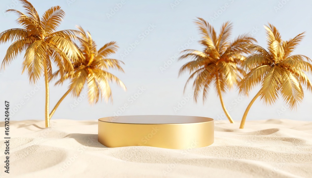 Fototapeta premium Golden pedestal on a sandy beach with palm trees