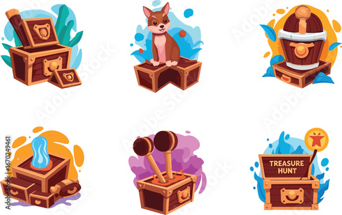 Cartoon treasure chests, adventure hunt icons, playful dog on chest, glowing crystal box, binocular chest, fantasy loot, exploration symbols, leaves, sign