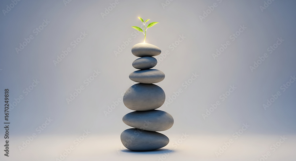 Obraz premium Stacked Stones with Sprout Zen Garden Balanced Gray Natural.