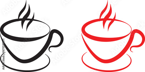coffee, cup, mug, drink, beverage, hot, steam, aroma, caffeine, morning, break, cafe, restaurant, black, red, graphic, design, illustration, icon, shape, white background, isolated, pair, comparison, 