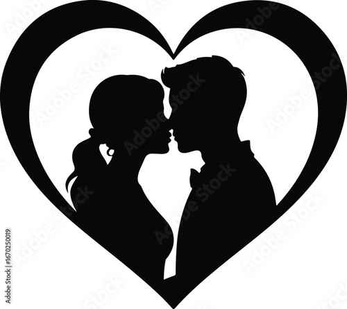 Couple kissing inside heart silhouette, romantic love