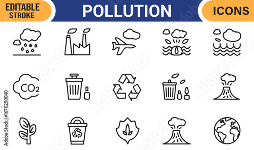 Outline pollution icons set with eco symbols, waste disposal, and toxic emissions