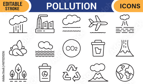 Vector pollution illustrations showing garbage, factory smoke, and recycling bins