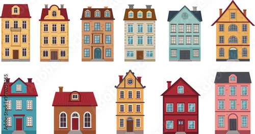 Colorful European Style Houses Collection, Urban Architecture Facades, Vintage Residential Buildings, Charming City Homes for Real Estate Design Projects