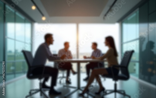 Modern office meeting room with glass walls and a blurred focus, featuring teamwork, collaboration and professional discussions in a corporate workspace environment. High quality