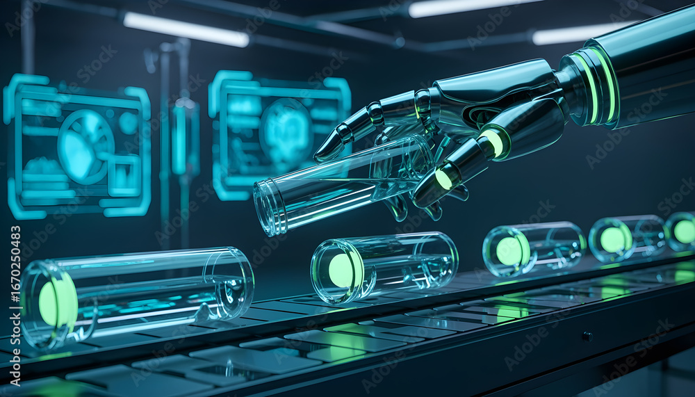 Robotic hand picking up green liquid tube from conveyor with holographic data background and neon lighting Robotic hand picking up green liquid tube from conveyor with holographic data background and neon lighting