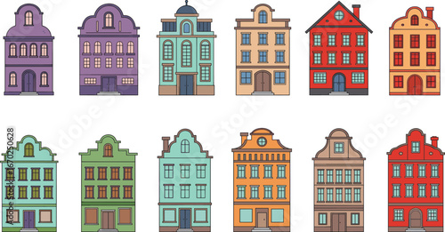 Colorful European Style Townhouses, Vintage Building Facades, Urban Architecture Set, Classic City Homes, Historic Residential Row Houses Illustration