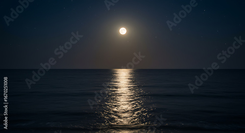 A serene nighttime view of the full moon reflecting its light on the ocean's surface, a tranquil scene