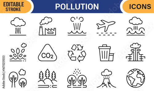 Pollution outline icons set with air contamination, waste management, and recycling