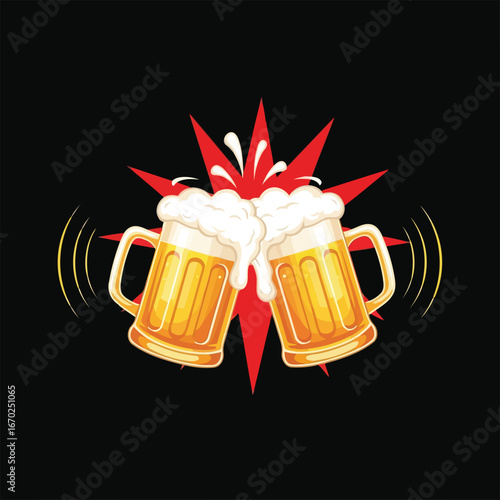 Jubilant Celebration with Clinking Mugs Golden Frothy Drinks Toasting Together in a Dynamic Illustration for Festivities