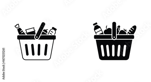 Shopping basket icons filled with groceries black and white vector illustration