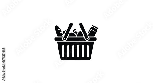 Black and white grocery basket icon filled with food items illustration