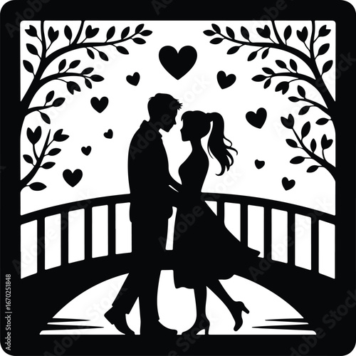 Romantic couple silhouette on bridge with heart shapes, love concept