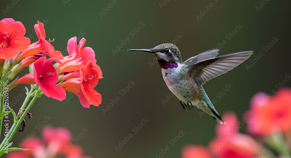 Naklejka premium Hummingbird hovering near orange flowers