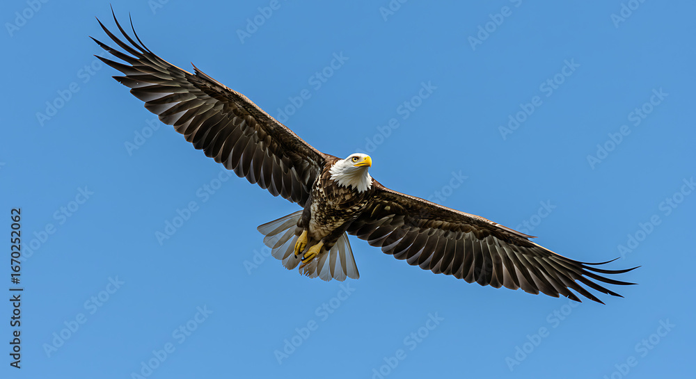 Naklejka premium Majestic bald eagle soaring gracefully through a vibrant blue sky, showcasing its impressive wing span and powerful presence in the wild, a symbol of freedom and strength