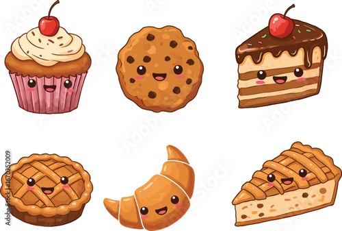 Cute cartoon desserts with smiling faces, cupcake, cookie, cake, pie, croissant, kawaii bakery sweets, playful vector food illustration set