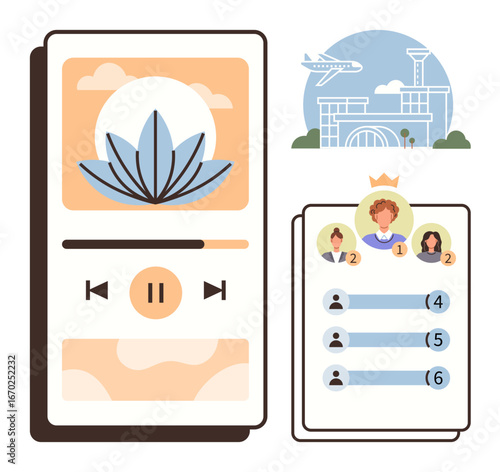 Smartphone UI with a media player and leaderboard, stylized airport in the background. Ideal for music, competition, travel, app interface, technology, digital engagement, simple flat metaphor