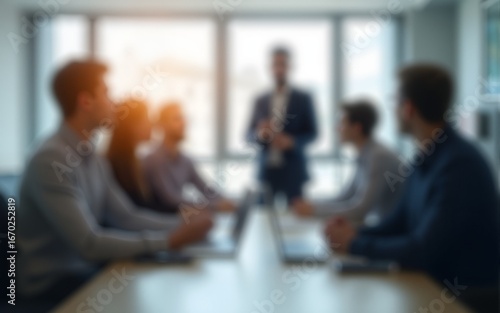 Blur office meeting blurred background with business people working group in boardroom discussion, executive seminar or professional training in enterprise. High quality