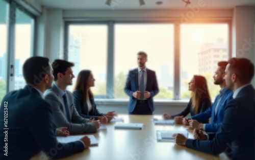 Blur office meeting blurred background with business people working group in boardroom discussion, executive seminar or professional training in enterprise. High quality