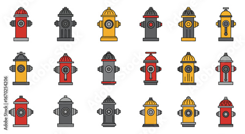 Collection of Fire Hydrant Illustrations in Various Colors and Styles on White