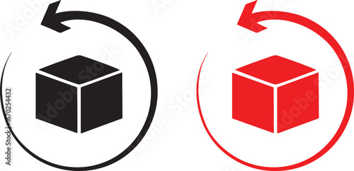 cube icon, box icon, 3d cube, rotation arrows, circular arrows, refresh icon, reload icon, recycle icon, delivery icon, shipping icon, logistics icon, package icon, storage icon, symbol, graphic, desi