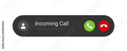 Incoming Call Notification Icon Vector Illustration. Modern incoming call notification icon with green accept and red decline buttons, featuring a contact silhouette and phone number.