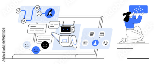 AI chatbot answering user queries on a laptop with task icons. Developer crafting code on-screen. Ideal for automation, customer support, programming, AI technology, workflow, innovation, simple