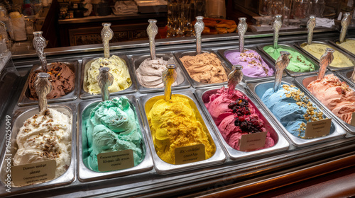 Colorful assortment of gelato flavors, including chocolate, nut, caramel, and berry sorbet, displayed in a café case