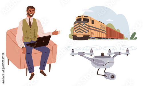Man seated with laptop, nearby drone hovering, cargo train in the background. Ideal for innovation, technology, logistics, transport, remote work modern tools efficiency concepts. Simple flat