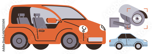 Red car and blue compact car beside surveillance camera highlighting monitoring, automation, and safety. Ideal for transportation, surveillance, technology, AI, smart cities, safety futuristic