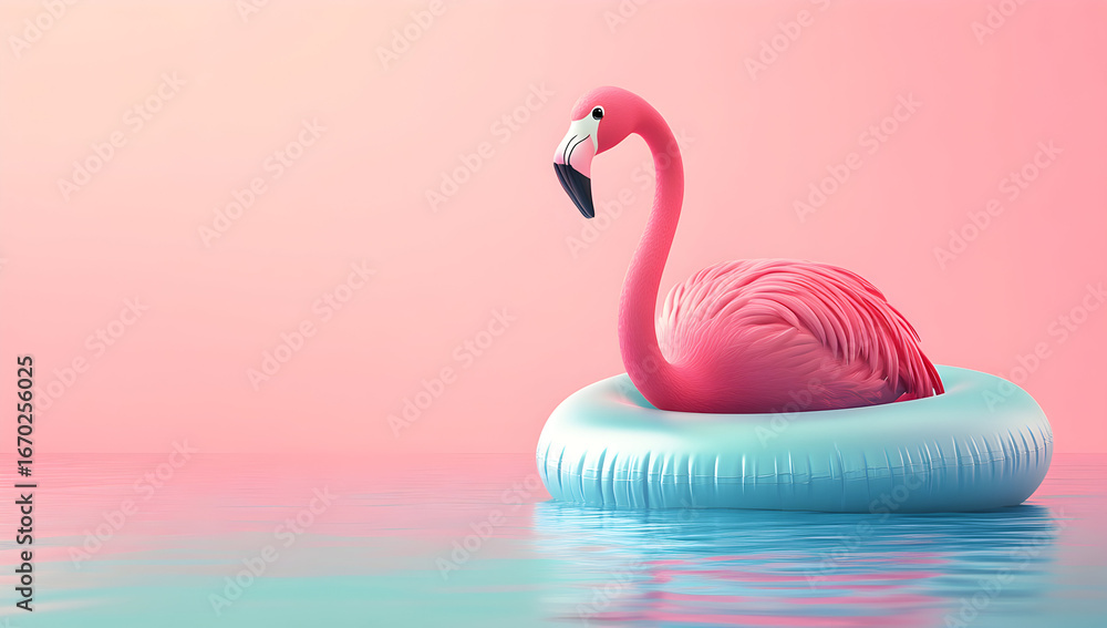 Fototapeta premium Pink flamingo floats on a blue inflatable ring in calm water against a gradient pink sunset sky, creating a serene and whimsical tropical vibe.
