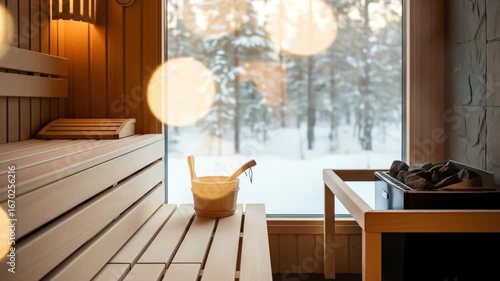 Cozy Sauna Room with Snowy Winter View and Warm Lighting