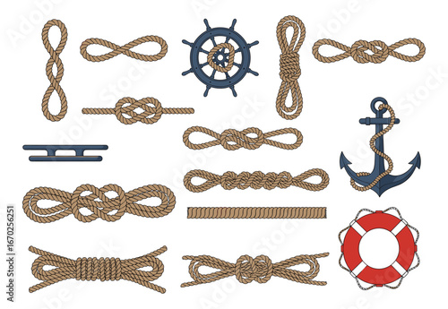 Nautical Rope Knots and Sea Elements, Anchor, Wheel and Buoy, Marine Decoration Design Elements, Vector Illustration